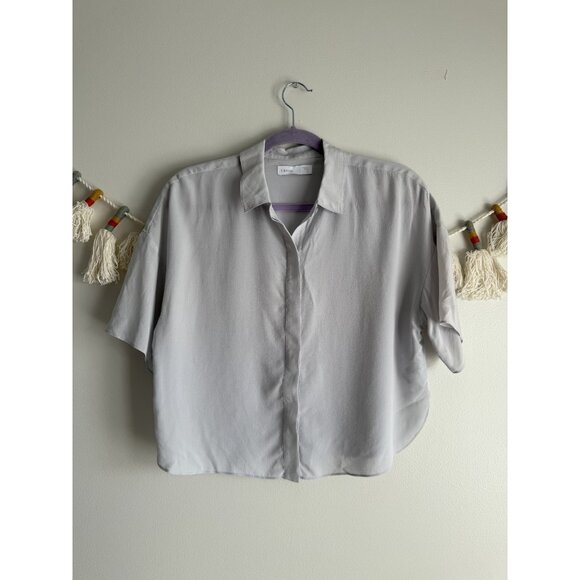 Grana 100% Silk Gray Boxy Button Down Top Timeless Modest Minimalist Basics S - Picture 1 of 9